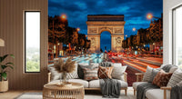 Arc Evening wall mural with glowing traffic streaks and city symmetry