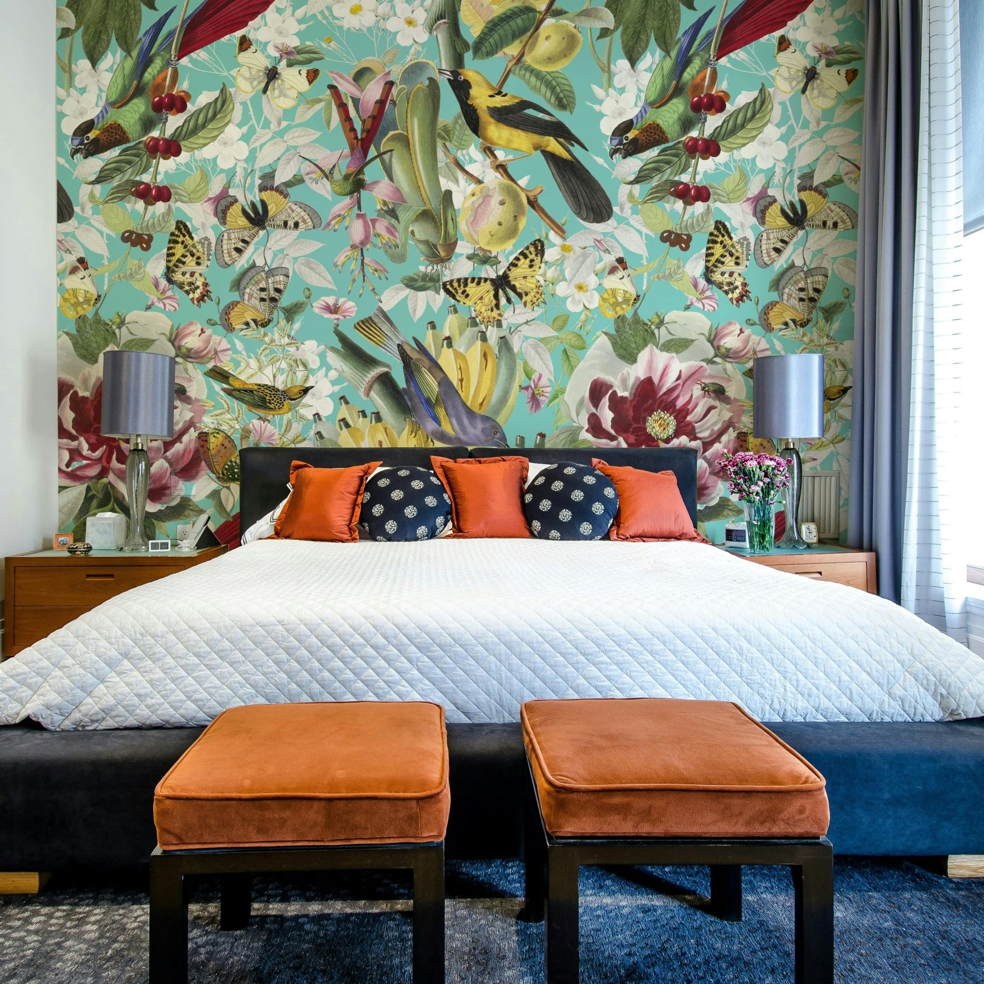 Bright botanical wallpaper with butterflies

