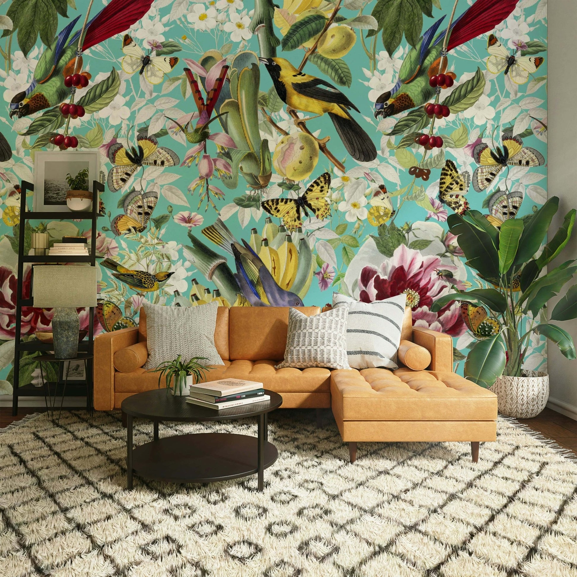Tropical botanical mural with butterflies


