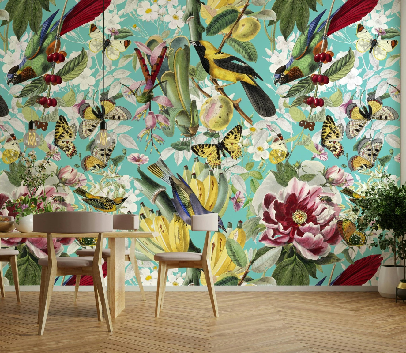 Vibrant butterflies and birds wall design

