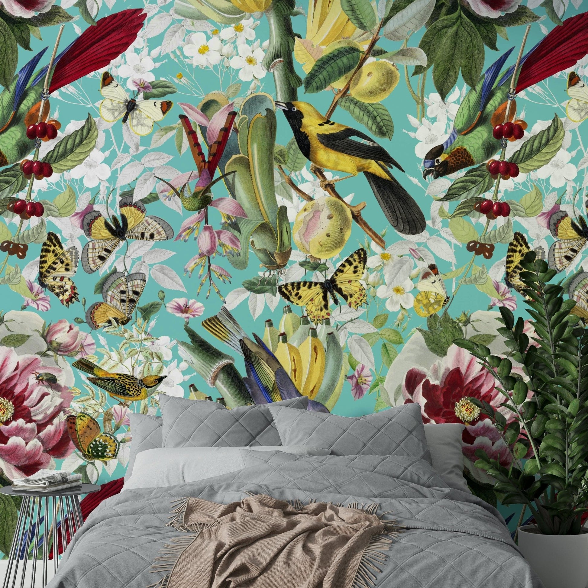 Nature wall mural with birds and blossoms


