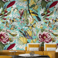 Nature-inspired floral wallpaper with birds


