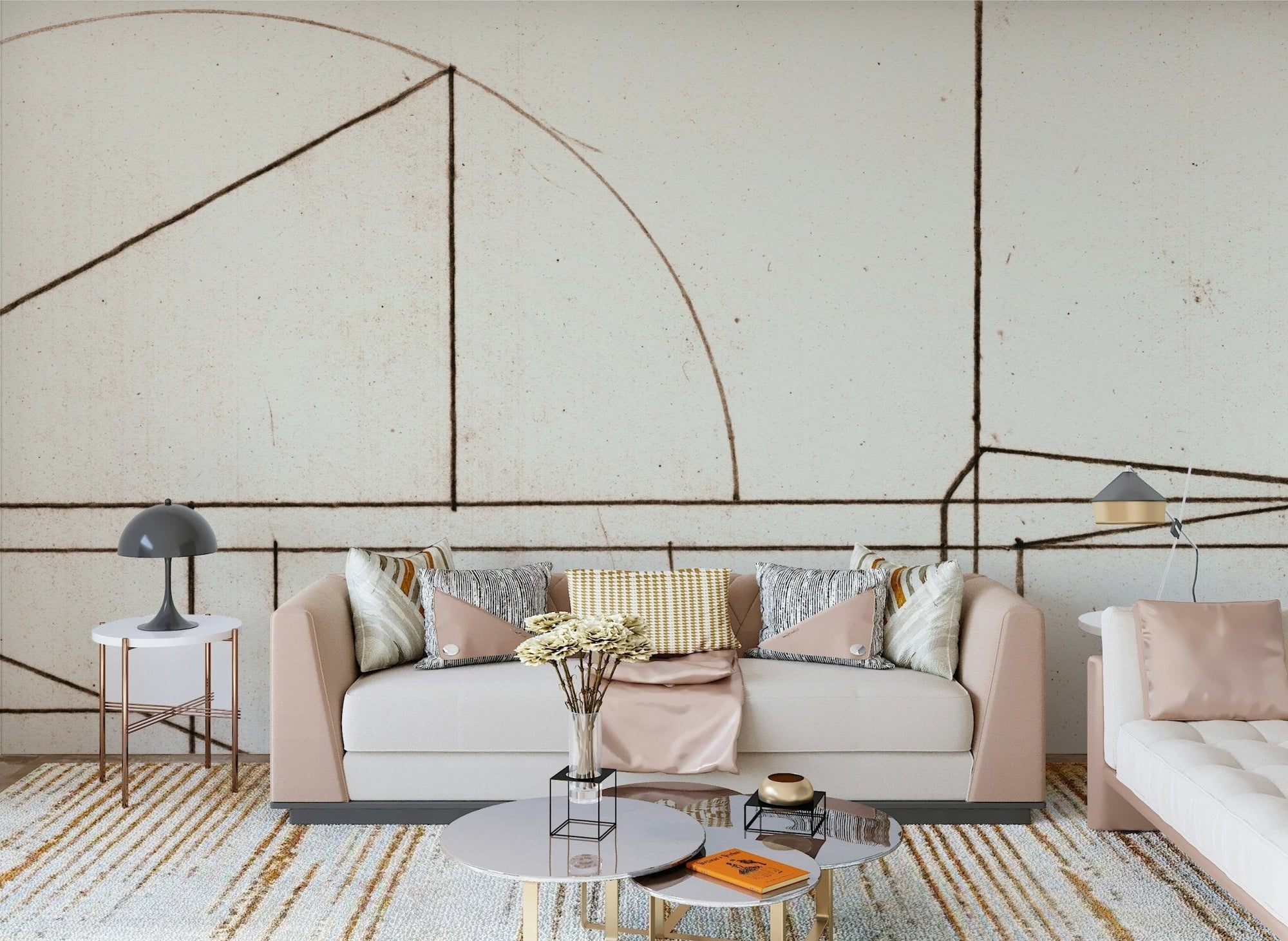 Vintage sepia blueprint wall mural in a refined living room setting., GD5481