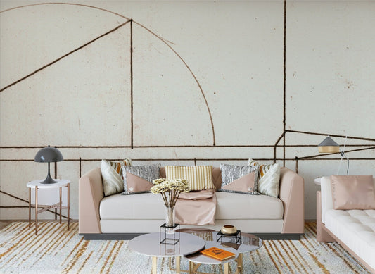 Vintage sepia blueprint wall mural in a refined living room setting.