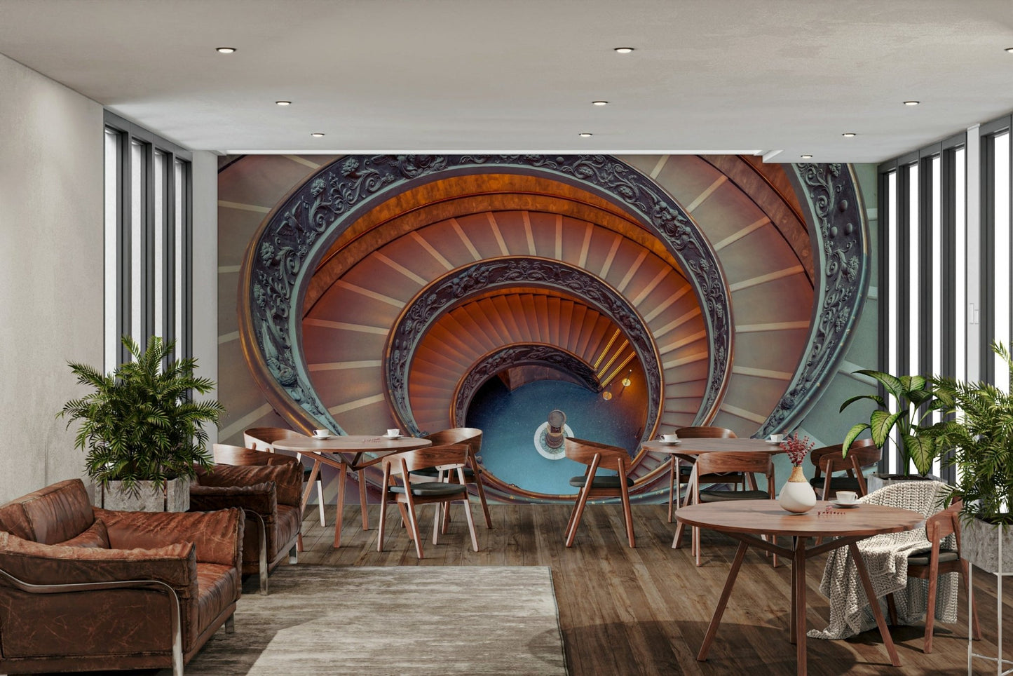 Stylish interior with architecture mural

