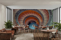 Stylish interior with architecture mural

