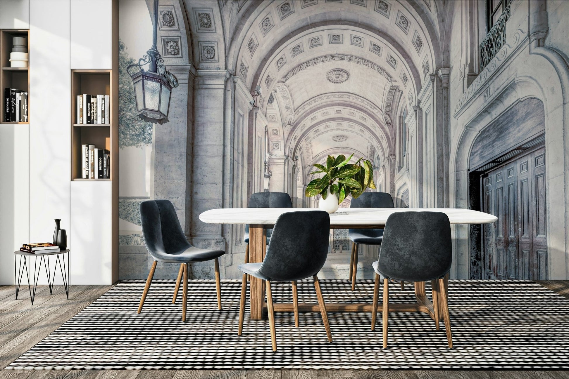 Historical architecture-inspired corridor mural

