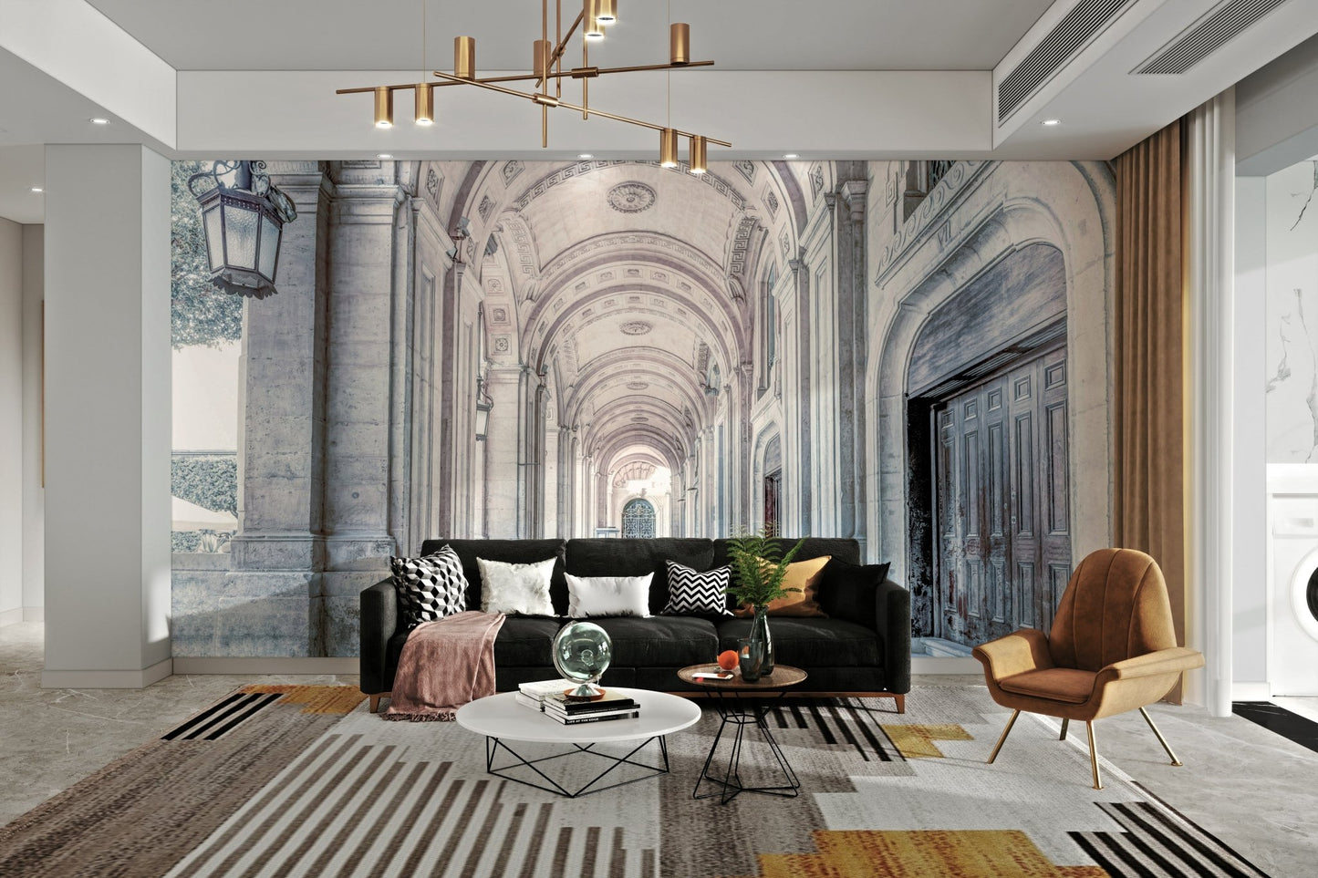 Monochrome hallway with ornate ceiling mural

