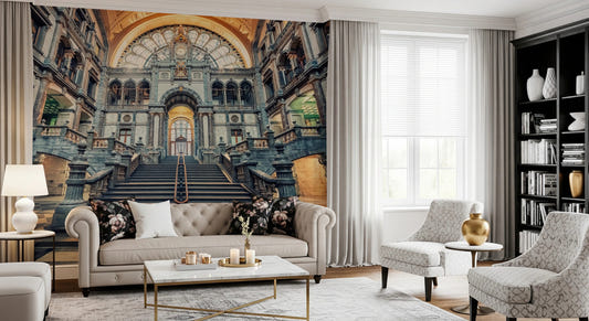 Living room with Architectural Majesty Wall Mural and grand staircase view