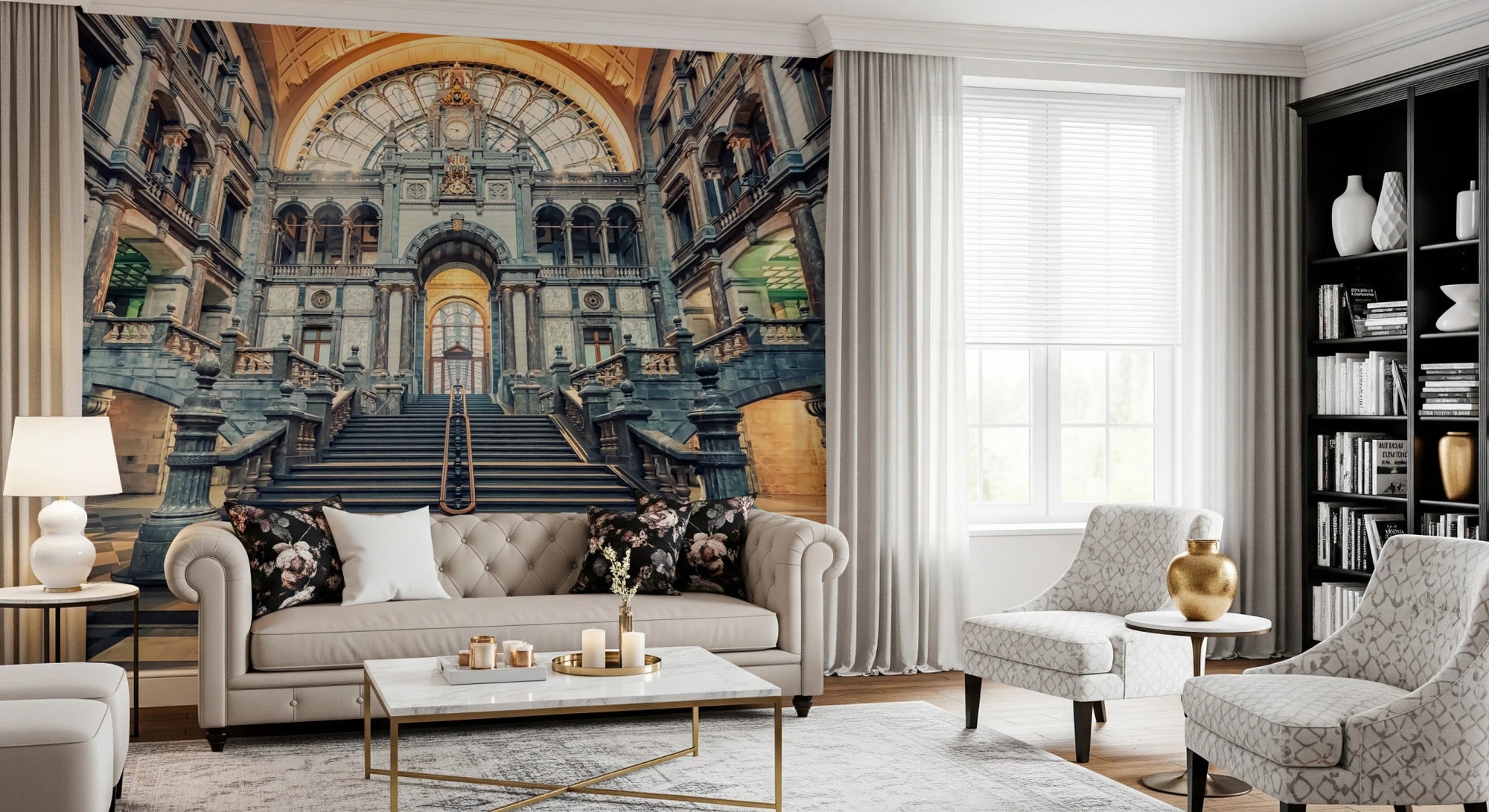 Living room with Architectural Majesty Wall Mural and grand staircase view, GD8075