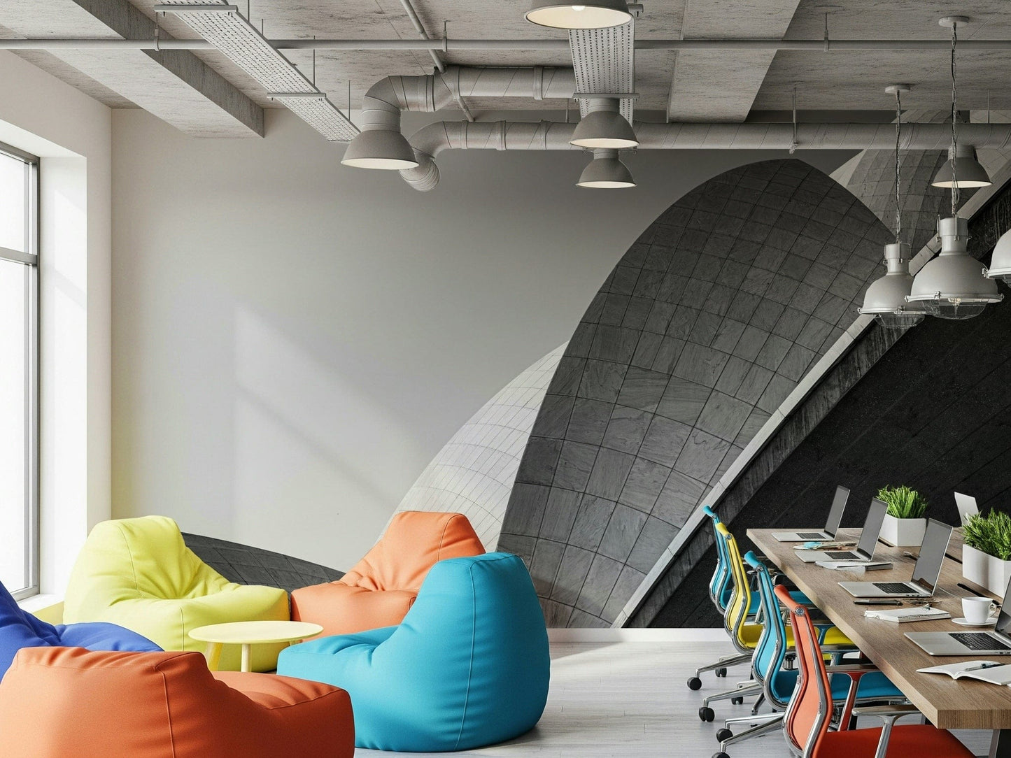 A calming abstract design wallpaper mural that defines a space.