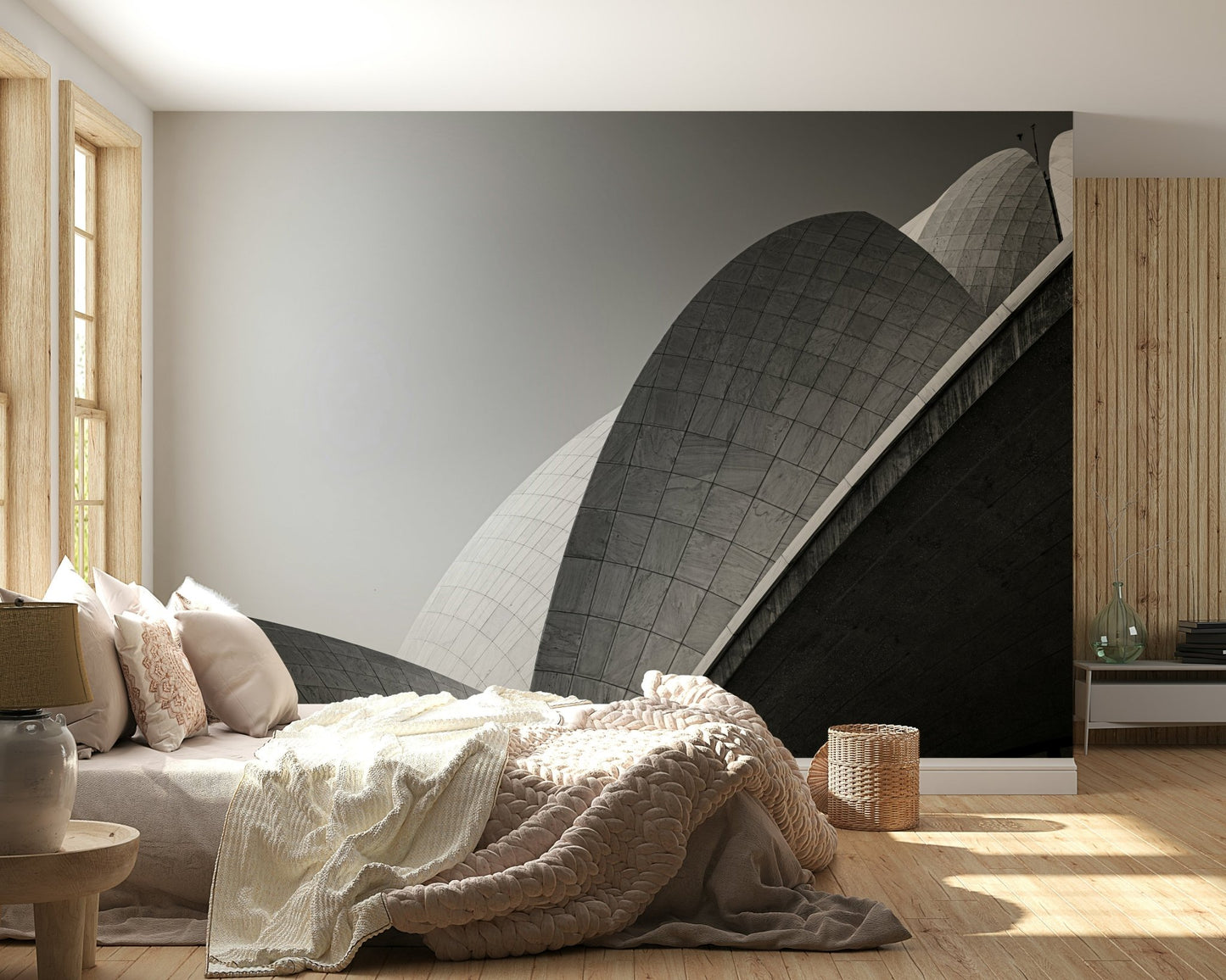 A peaceful modern abstract mural on decorative wallpaper.