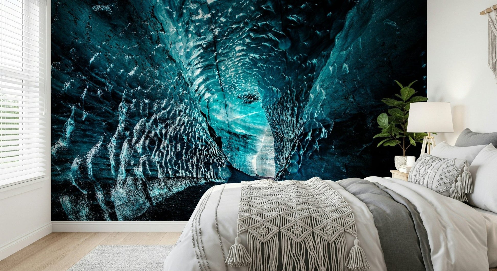 A serene flowing design wall mural in cool, icy blue and white tones.