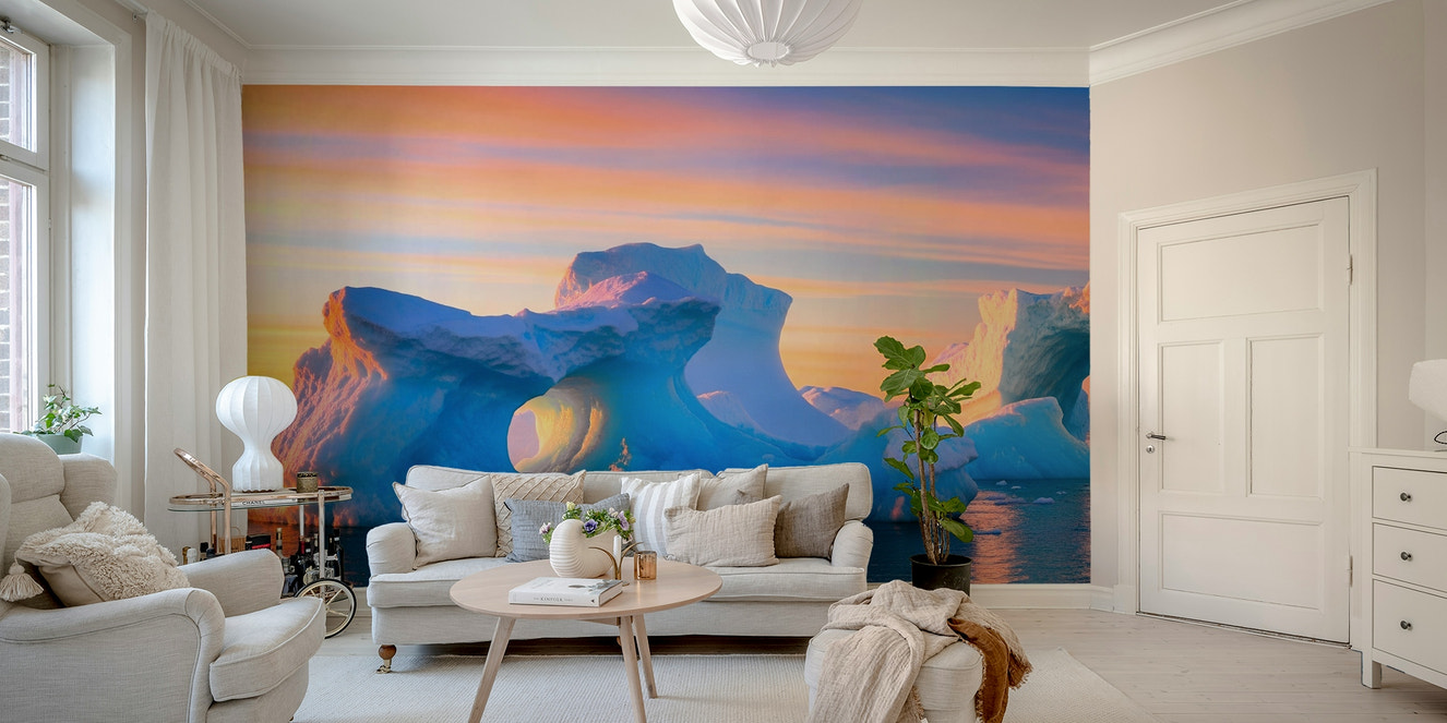 A full-wall mural of a serene arctic landscape.

