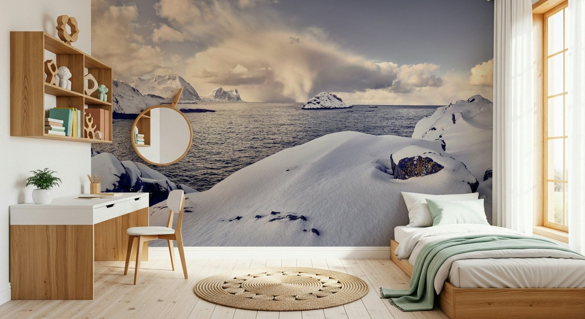 An artistic minimalist form mural for home decor.