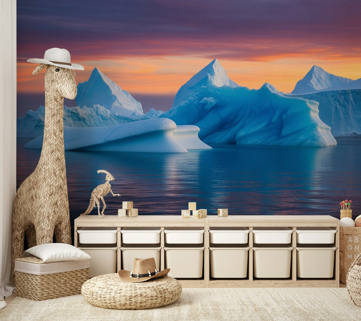 The image features large, smooth glaciers and snow-covered hills.
