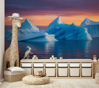 The image features large, smooth glaciers and snow-covered hills.
