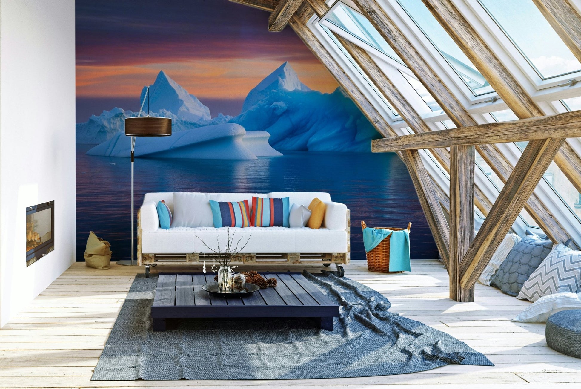 A full-wall mural of a serene arctic landscape.
