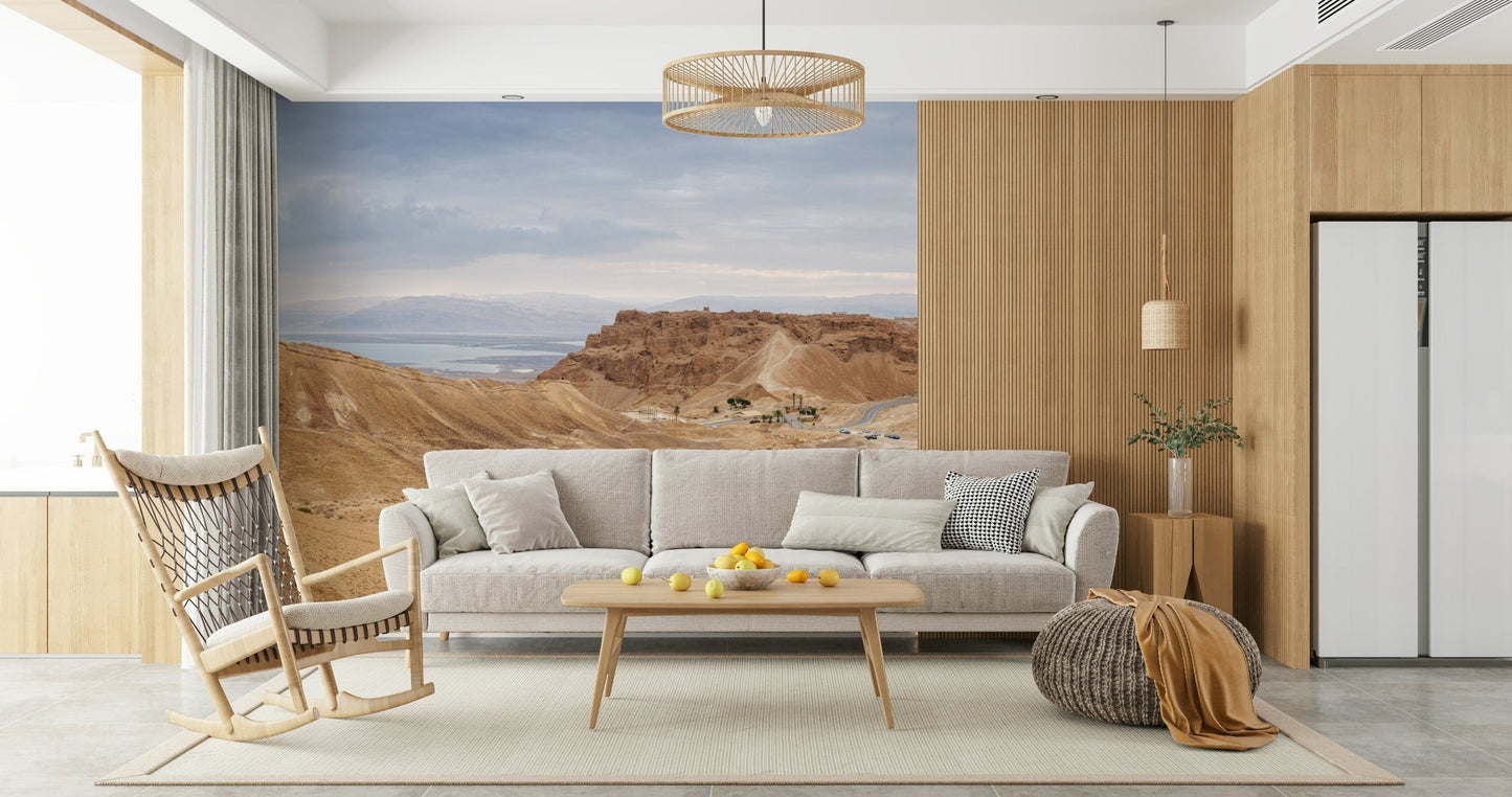 Distant lake Arid Majesty: Desert Landscape Design Wall Mural beyond hills.