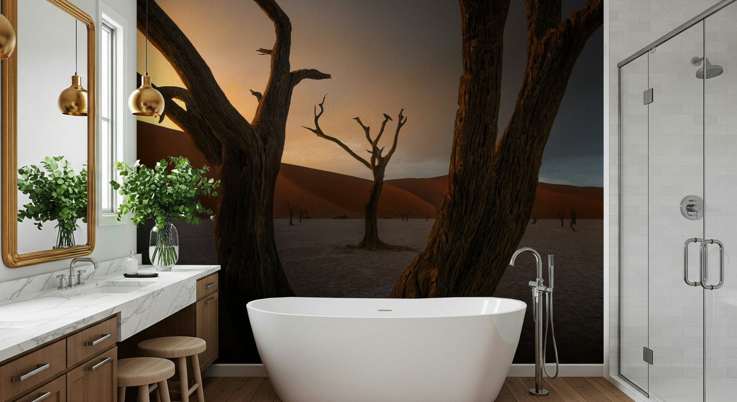 Panoramic Arid Woodland Ghost mural, desolate beauty, contrasting light., GD6938