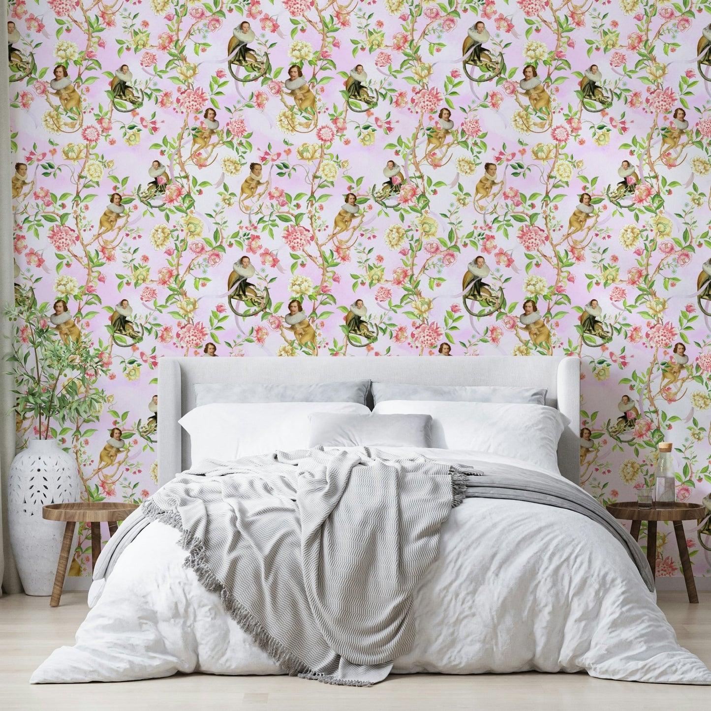 Exotic wallpaper featuring monkeys and flowers.

