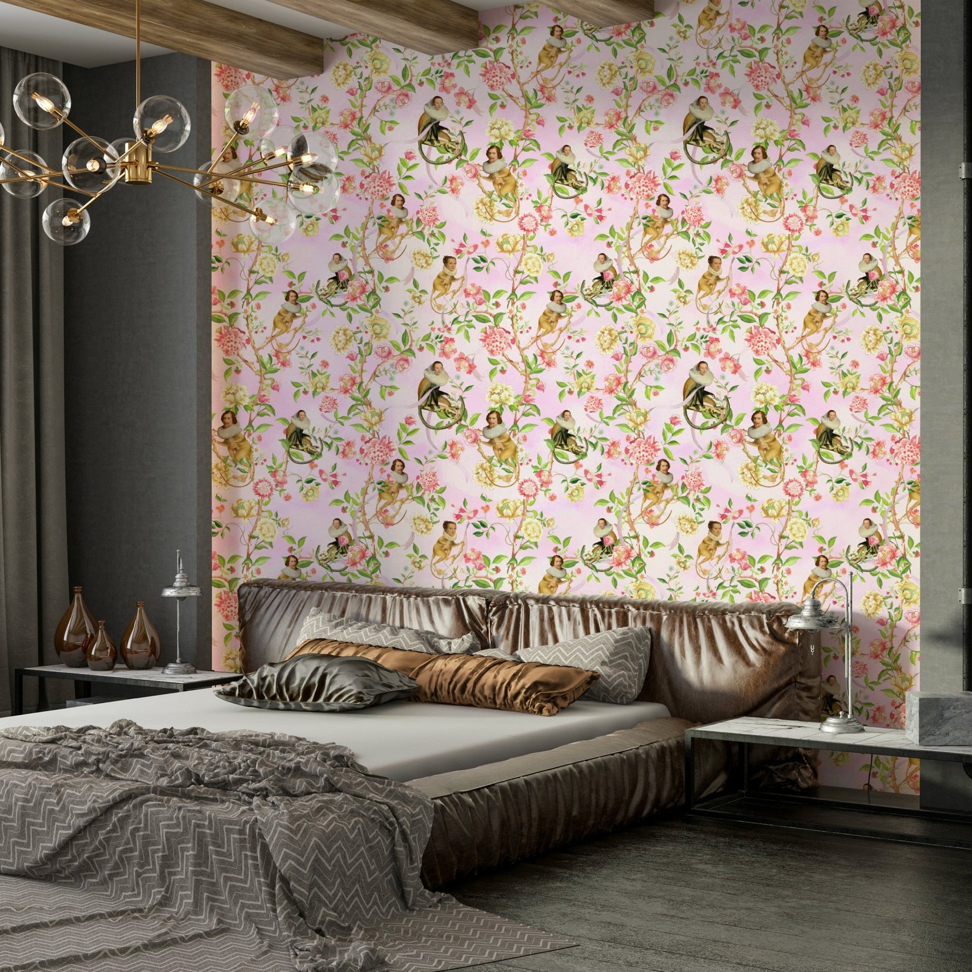 Elegant monkeys in floral garden wallpaper mural.

