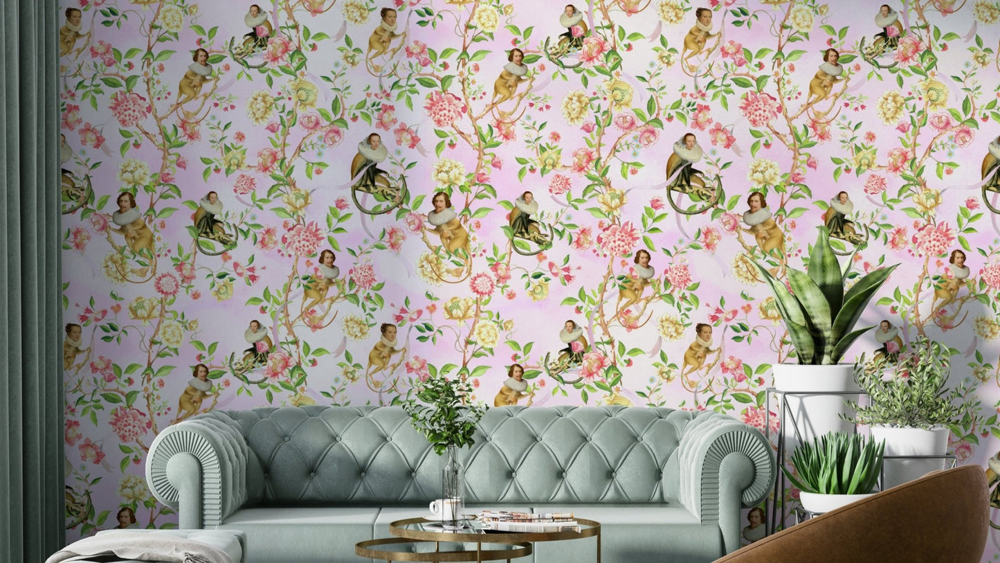 Luxurious monkeys wallpaper with blooming decor.

