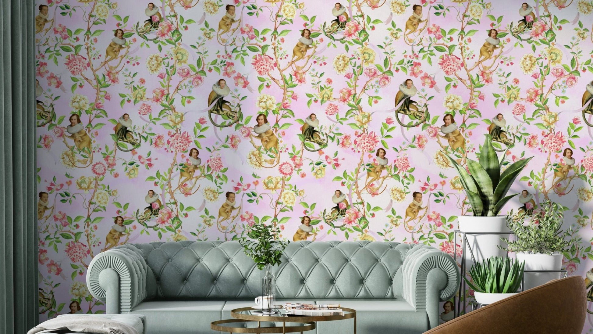 Luxurious monkeys wallpaper with blooming decor.

