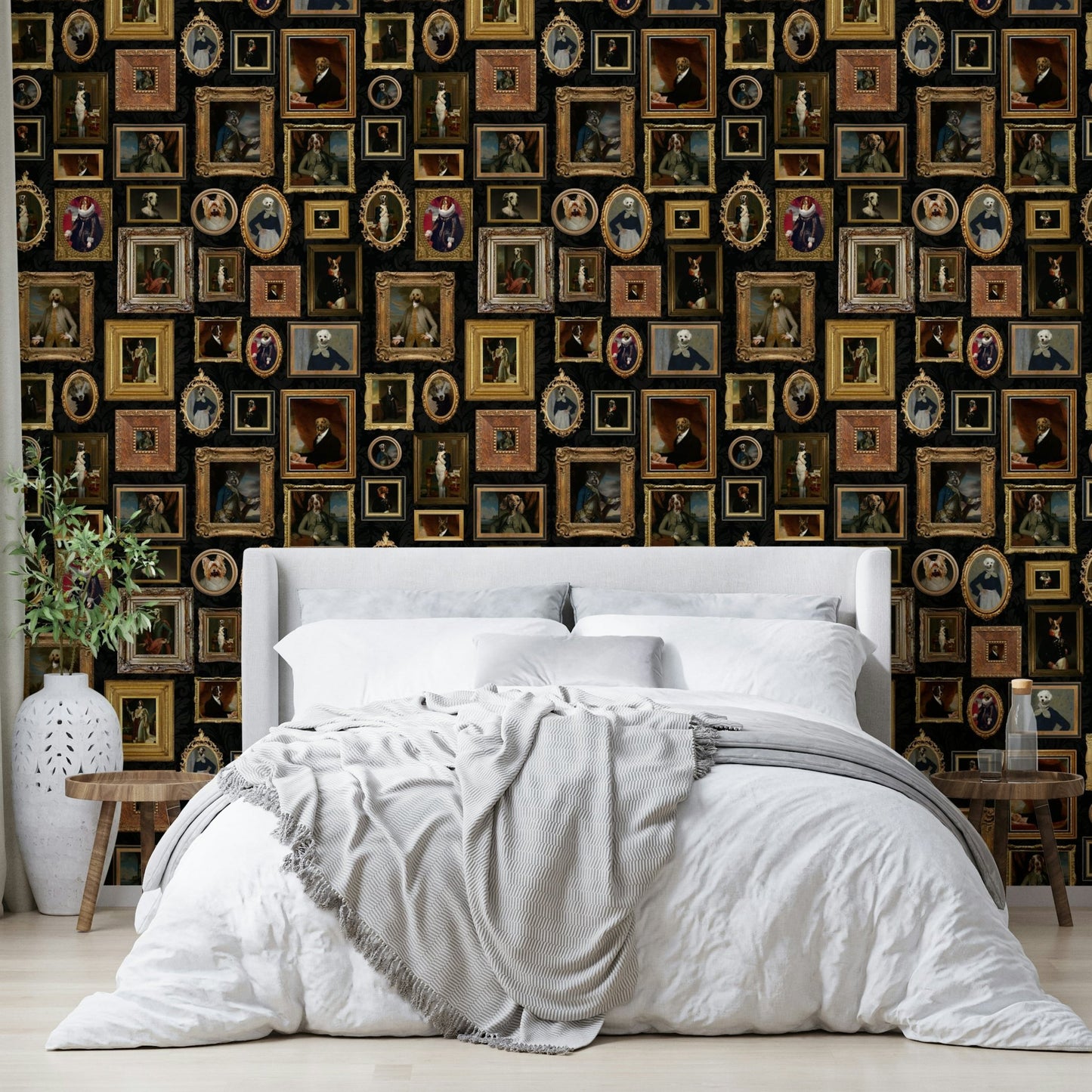 Collection of various dog breeds as aristocratic portraits.

