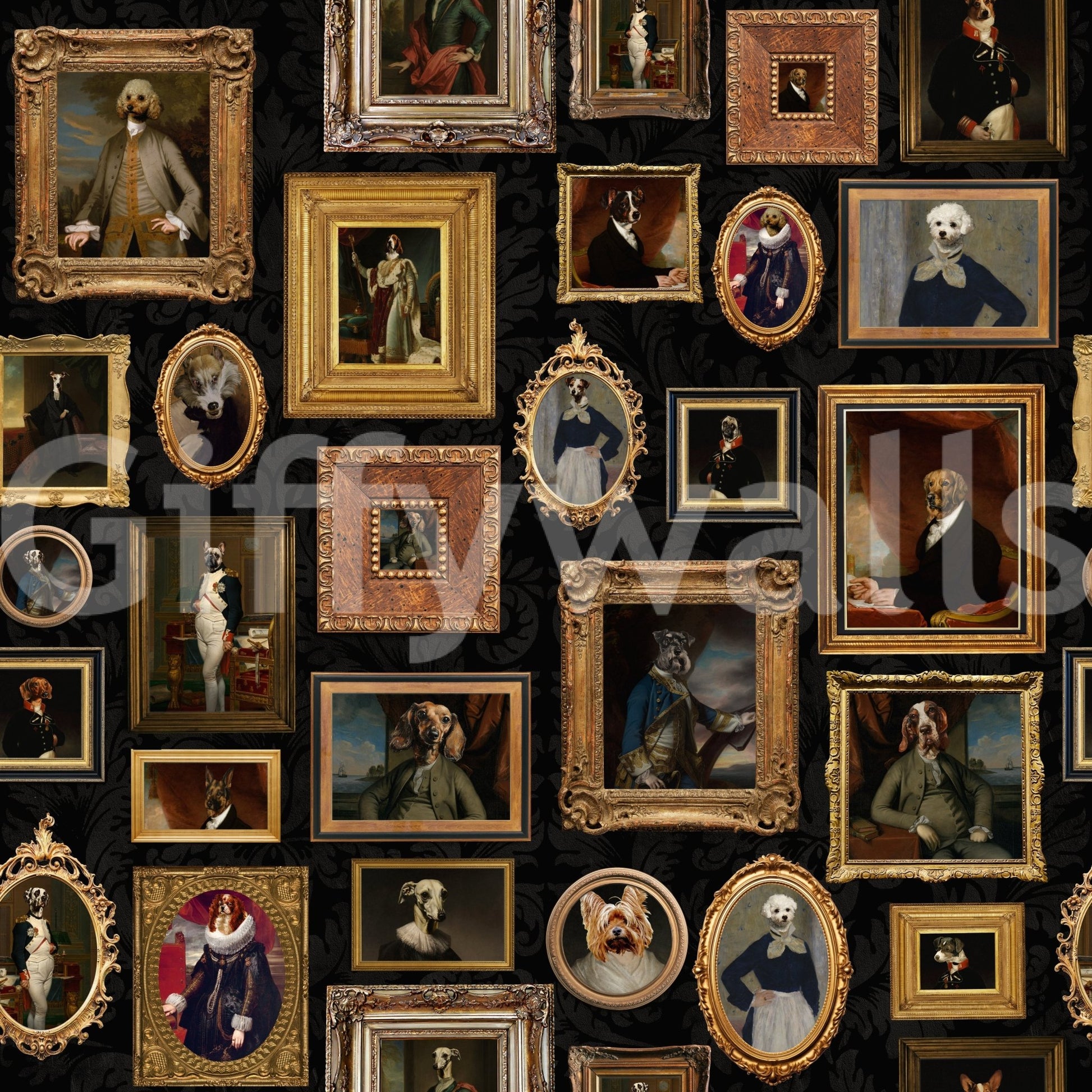 Wall decor blending classic art with canine charm.

