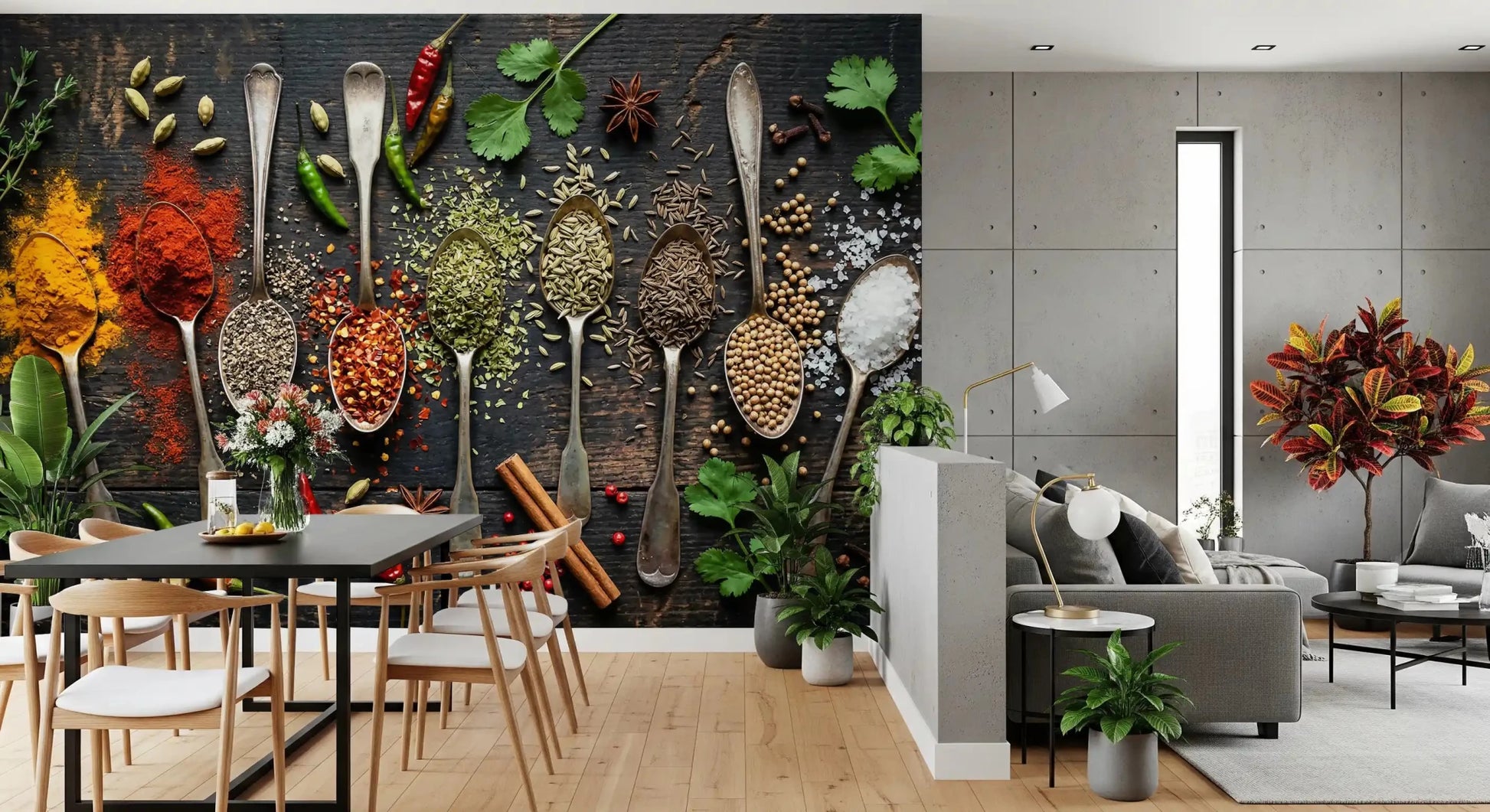 Aromatic Array wall mural with assorted spices, seeds, and herb elements