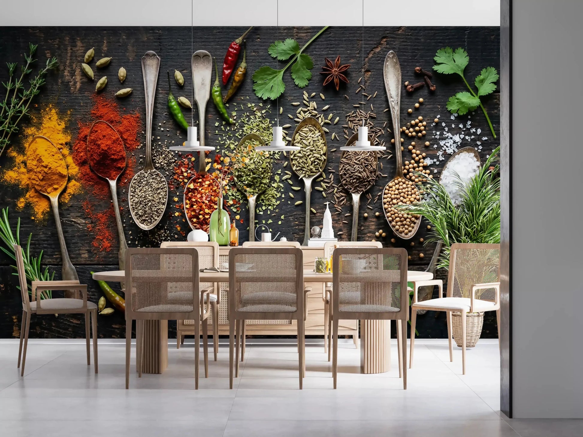 Food-inspired Array wall mural with spice spoons and rustic wooden base