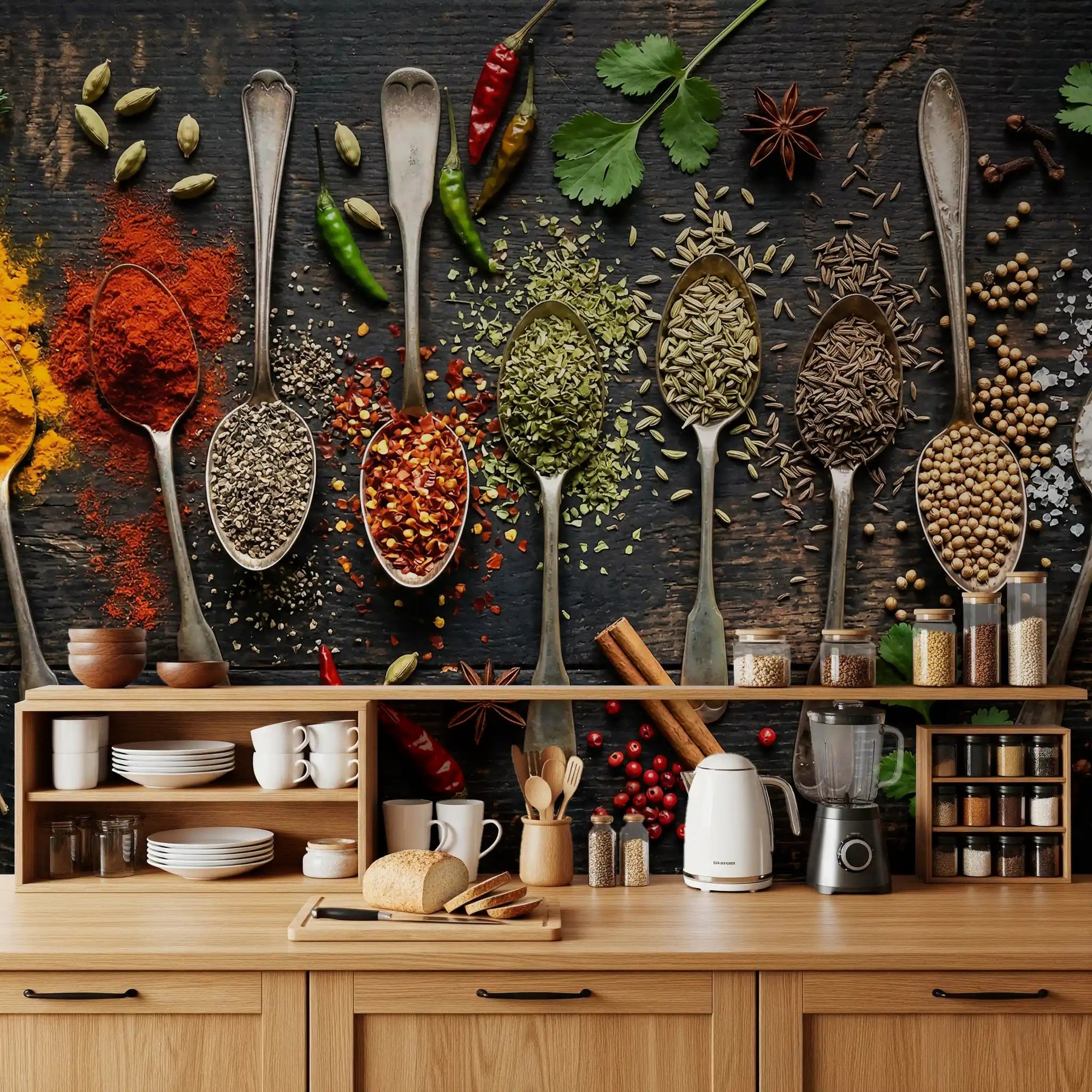 Kitchen styled using Aromatic Array wall mural with colorful spice details, GD9425