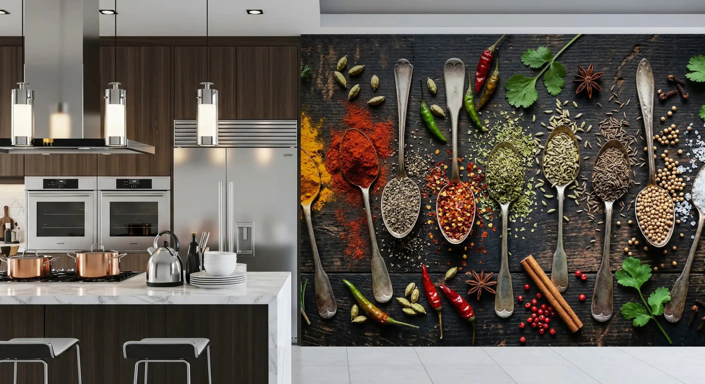 Spice kitchen wall mural showing vibrant powders and natural ingredients