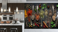 Spice kitchen wall mural showing vibrant powders and natural ingredients