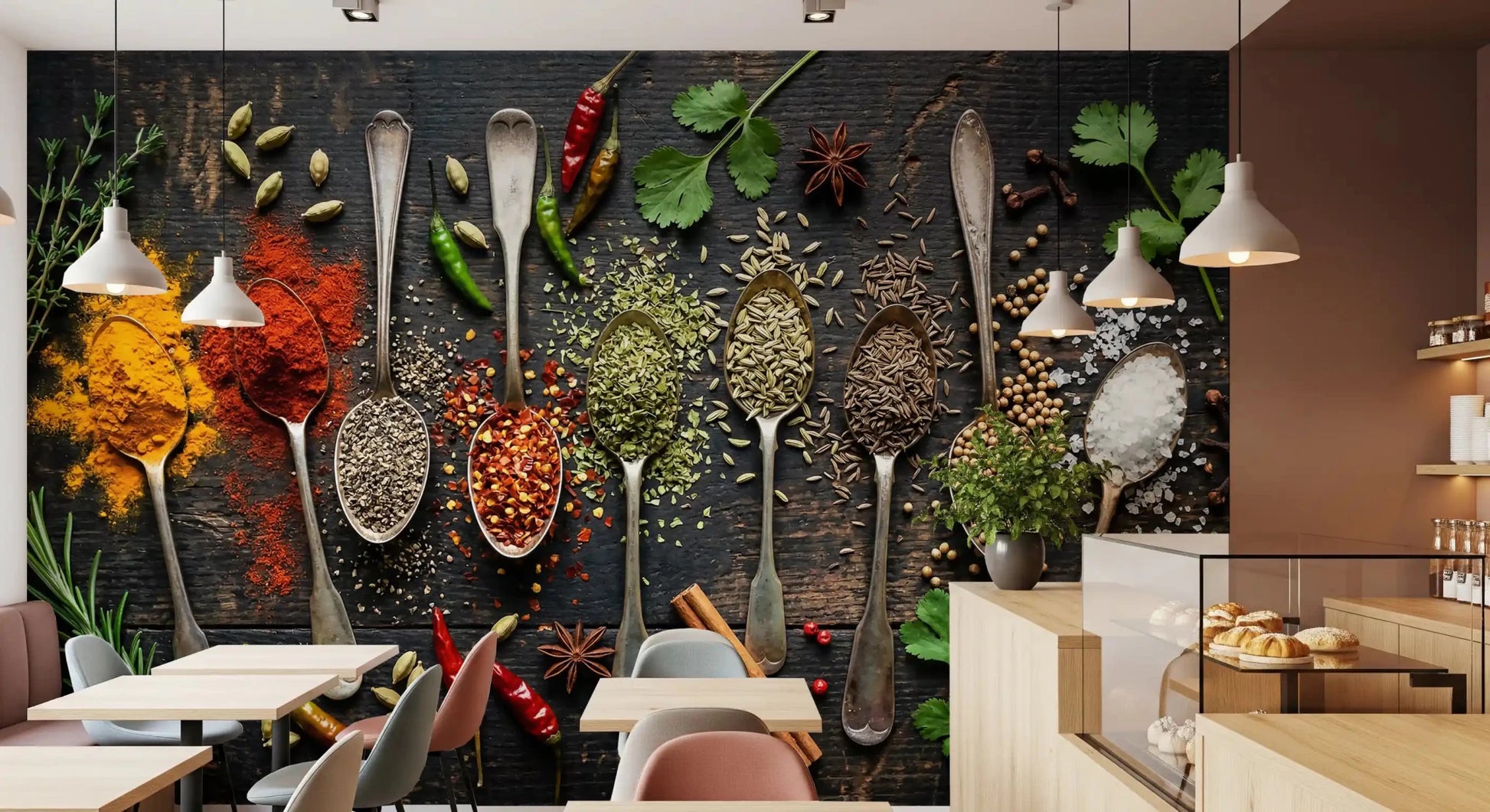 Dining room with Aromatic Array wall mural showing spices and herbs layout