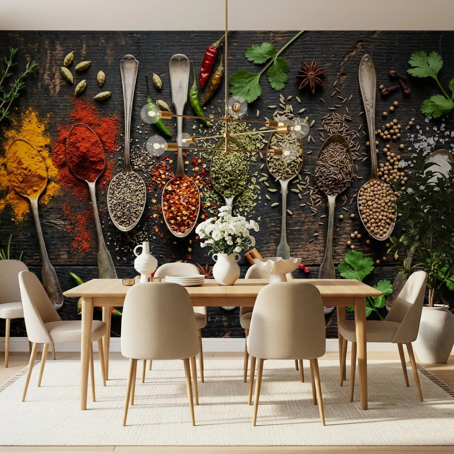 Dining area featuring Aromatic Array wall mural with spoons and spice mix
