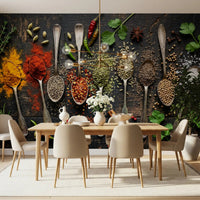 Dining area featuring Aromatic Array wall mural with spoons and spice mix