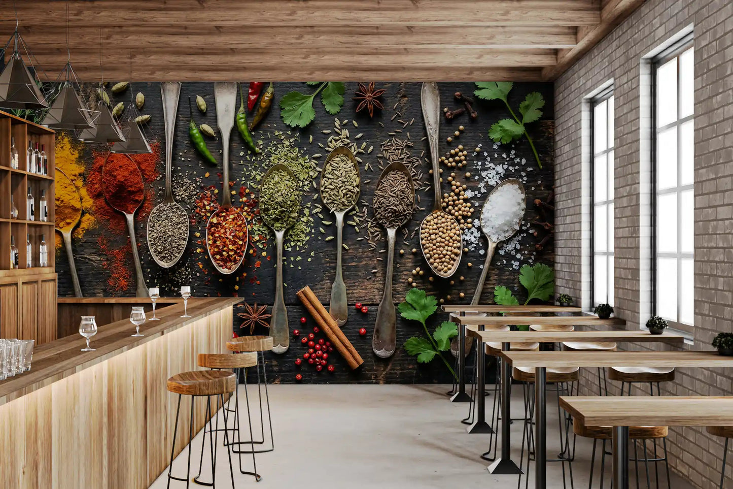 Cafe area wall setup with Aromatic Array wall mural rustic spice texture