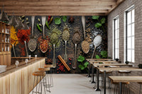 Cafe area wall setup with Aromatic Array wall mural rustic spice texture