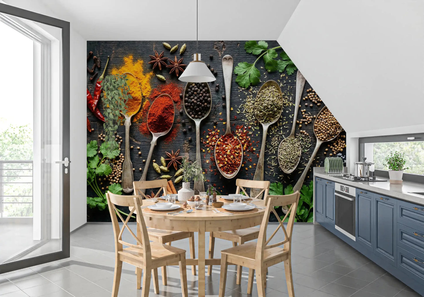 Kitchen spice mural featuring Aromatic Spice Collection powders