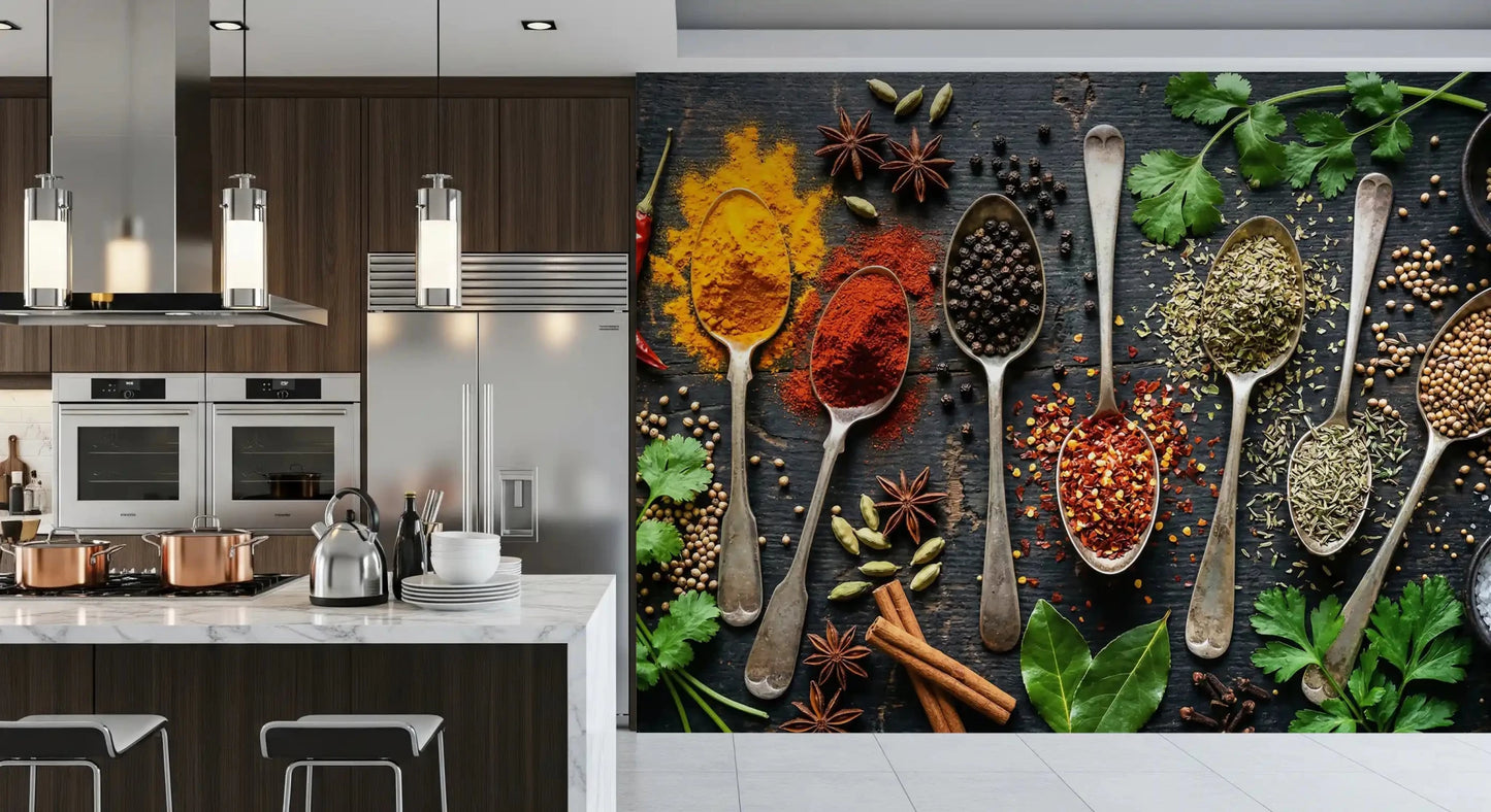 Aromatic Spice Collection wall mural showing herbs, spices, seeds