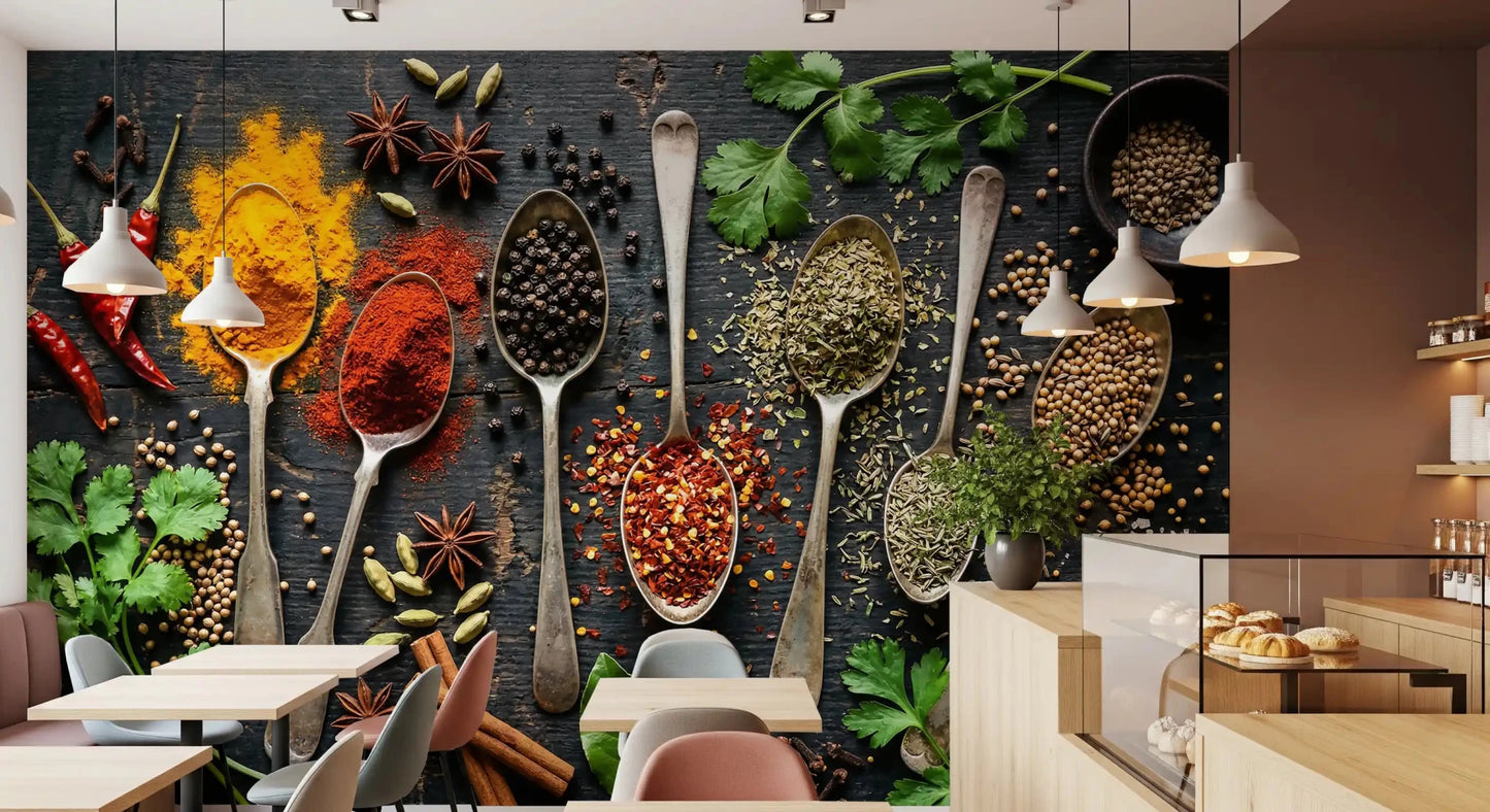 Aromatic Spice Collection mural with chili, seeds, herb textures