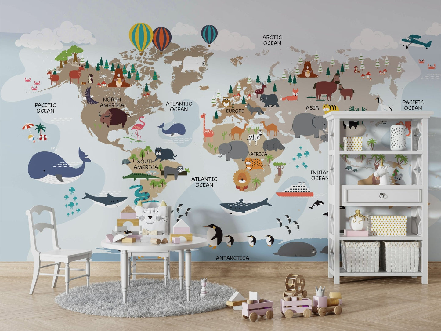 Playful world tour animal wall mural

