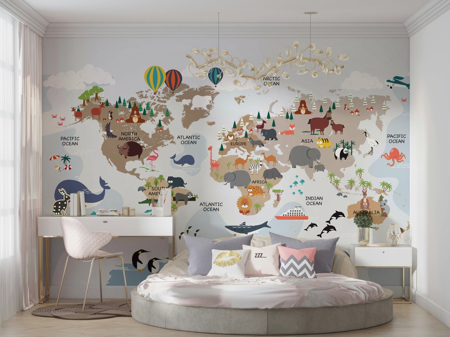 Animal world map wall mural for kids

