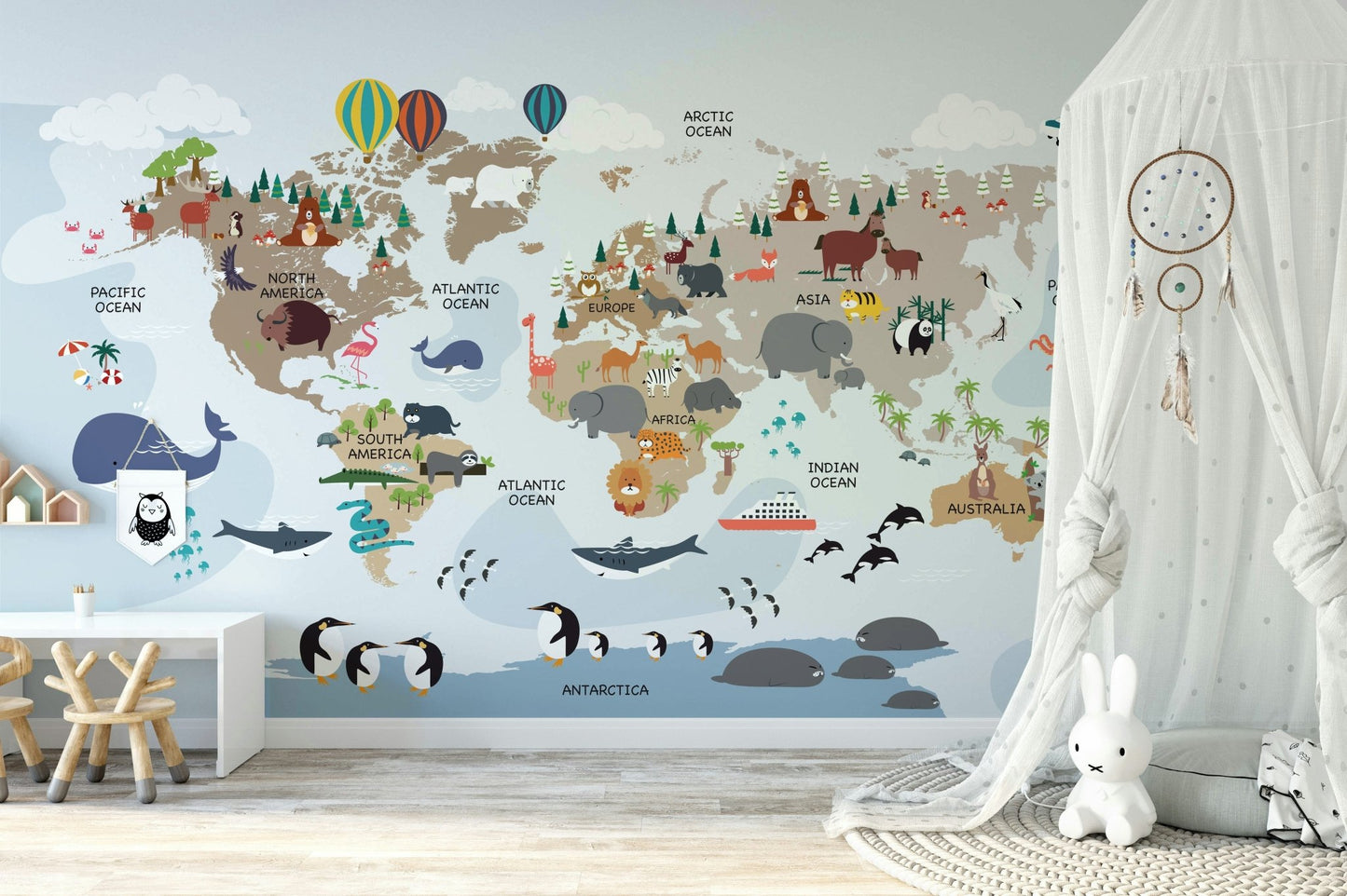 World exploration mural with animals

