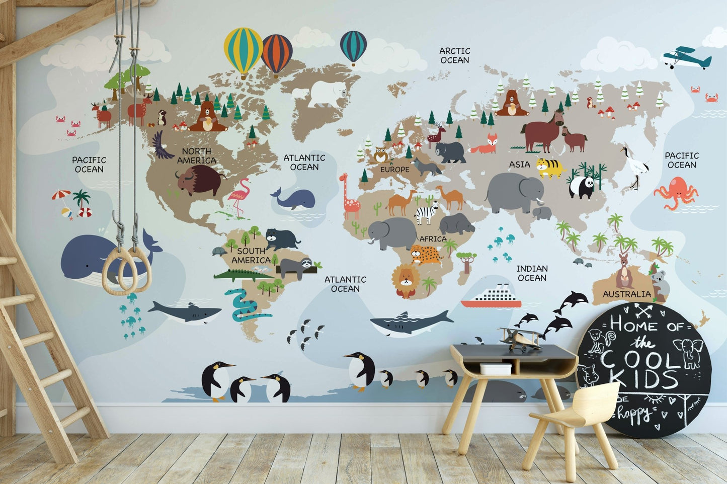 Cartoon animals on global map mural

