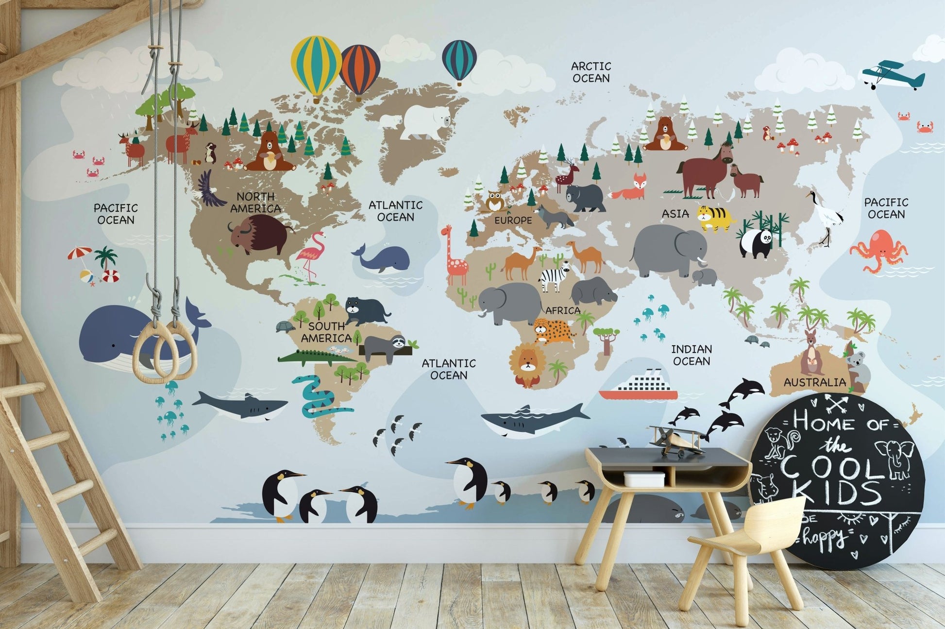 Cartoon animals on global map mural


