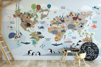 Cartoon animals on global map mural

