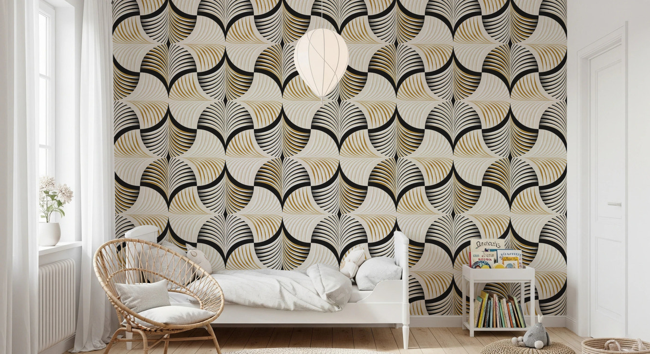 Art Deco Botanical Palm Fan Gold and Black Wallpaper⁠
